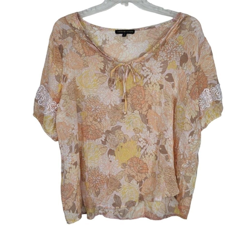 Adrienne Vittadini Sheer Top Women Size 2X Orange Multicolor Floral Short Sleeve